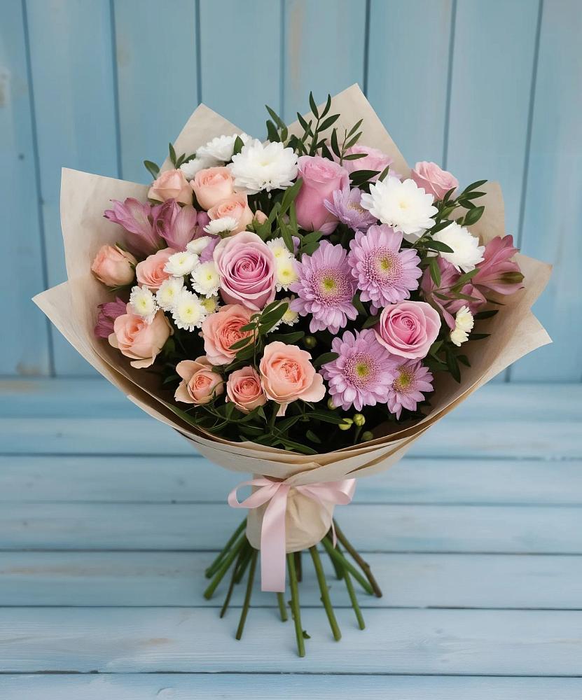 Букет цветов из: Хризантемы, Розы и Альстромерии в Мелихово