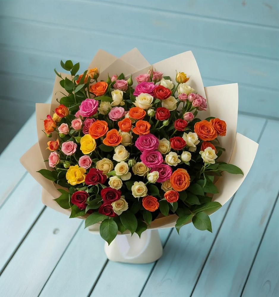 Букет Микс из разноцветных кустовых роз в Мелихово