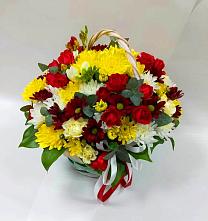Цветочная композиция из Хризантемы и Розы в корзине в Мелихово