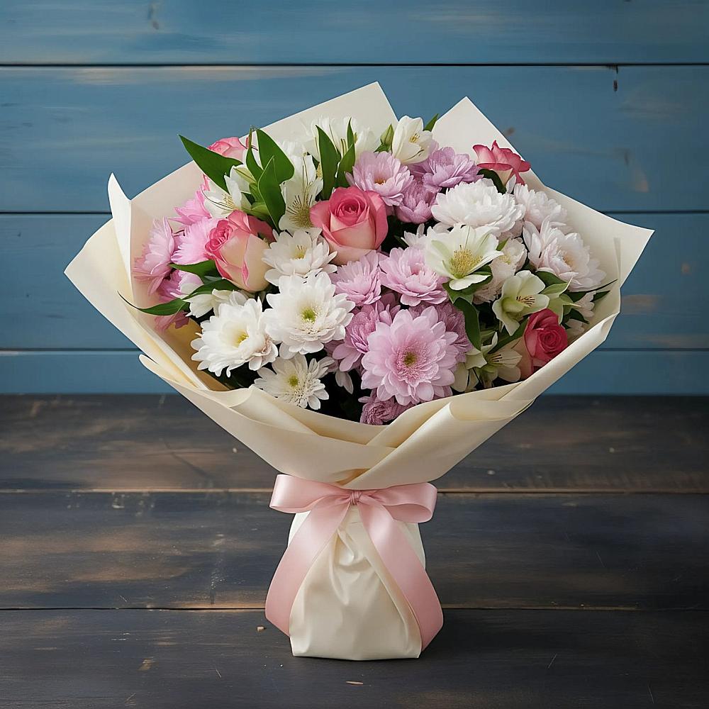 Букет цветов из: Хризантемы, Альстромерии и Розы в Мелихово